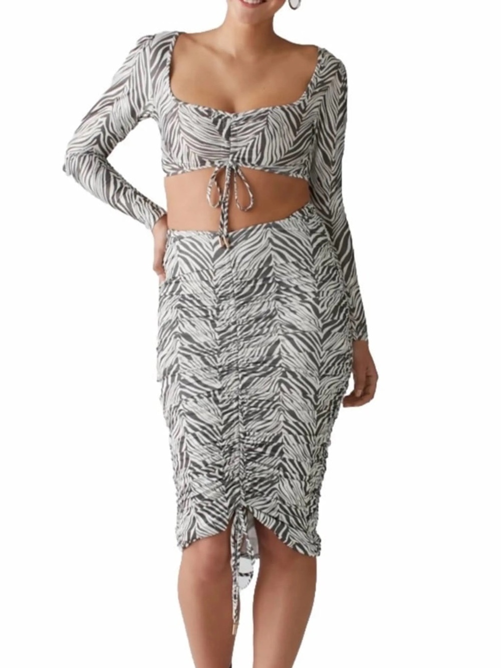 Rare London Black & White Zebra-Print Ruched Midi Skirt Set
